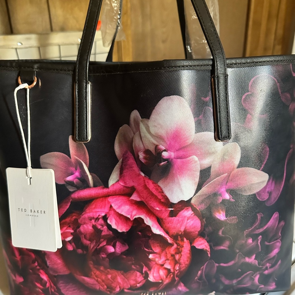 Ted Baker London Black Floral canvas shopper With detachable wristlet NEW